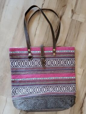 Myra Bag Pink Patterned Tote with Brown Straps